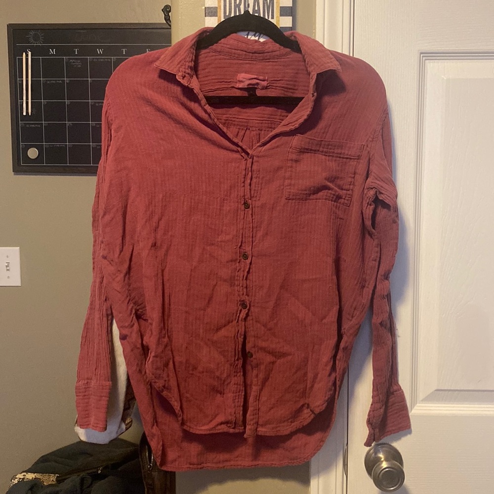 Maroon red washed long sleeve button up   #67